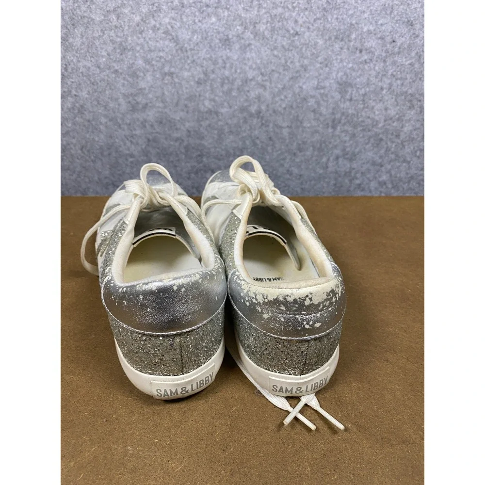 Sam & Libby Womens Glitter Star Sneakers White Silver Metallic Low Top 8.5